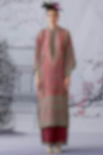 Dusty Rose Silk Long Paneled Kurta Set by Rajdeep Ranawat
