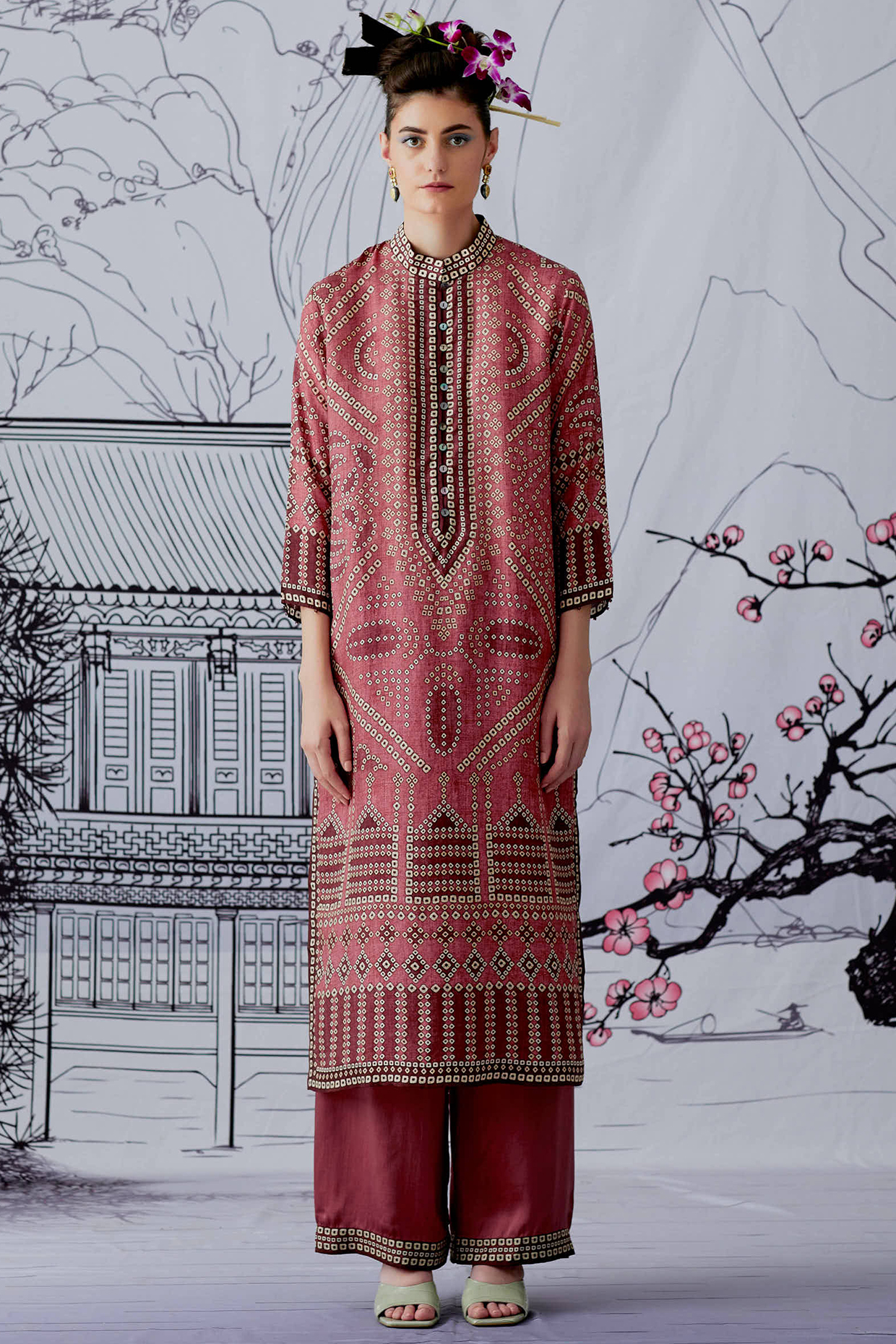 Dusty Rose Printed Kurta Set by Rajdeep Ranawat at Pernia's Pop Up Shop