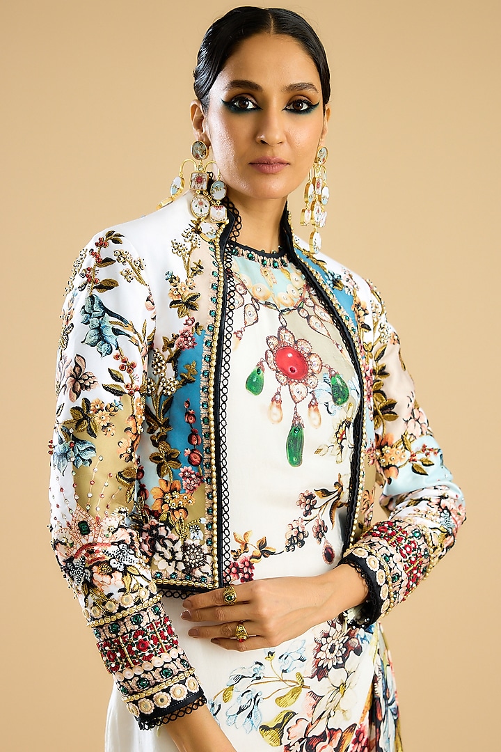 Ivory & Aqua Dutches Satin Printed Jacket by Rajdeep Ranawat at Pernia's Pop Up Shop