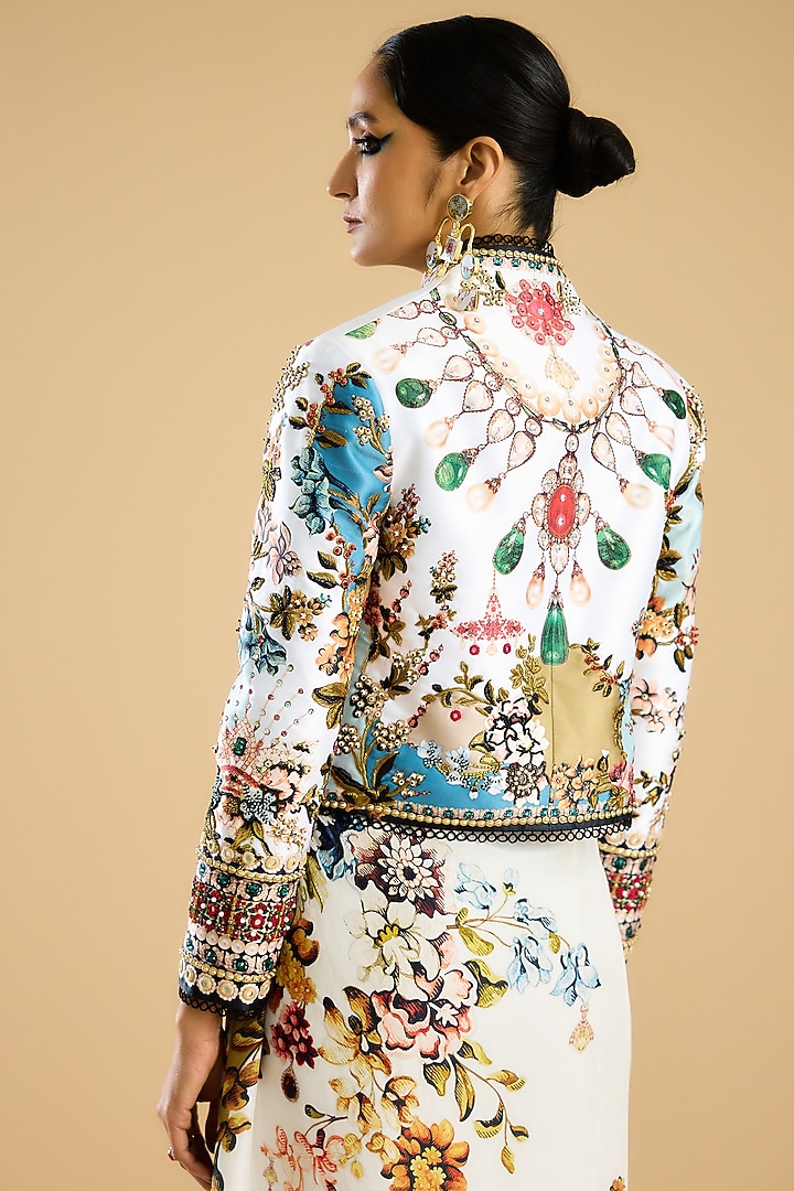 Ivory & Aqua Dutches Satin Printed Jacket by Rajdeep Ranawat at Pernia's Pop Up Shop