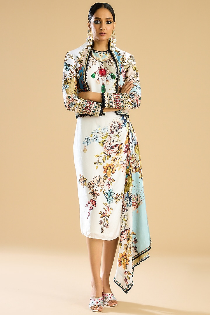 Ivory & Aqua Dutches Satin Printed Jacket by Rajdeep Ranawat at Pernia's Pop Up Shop