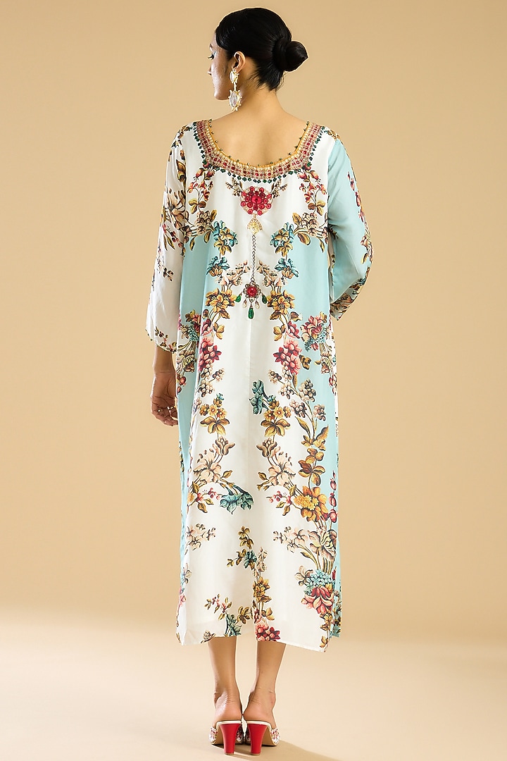 Ivory & Aqua Silk Printed A-Line Cocktail Dress by Rajdeep Ranawat at Pernia's Pop Up Shop