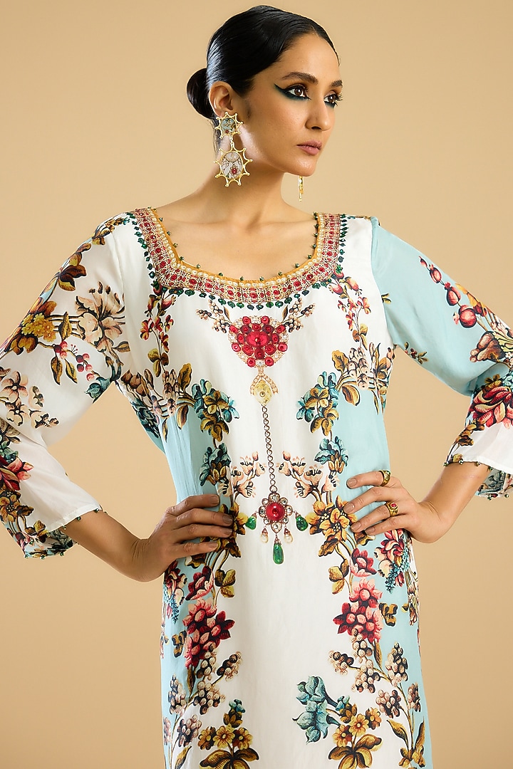 Ivory & Aqua Silk Printed A-Line Cocktail Dress by Rajdeep Ranawat at Pernia's Pop Up Shop