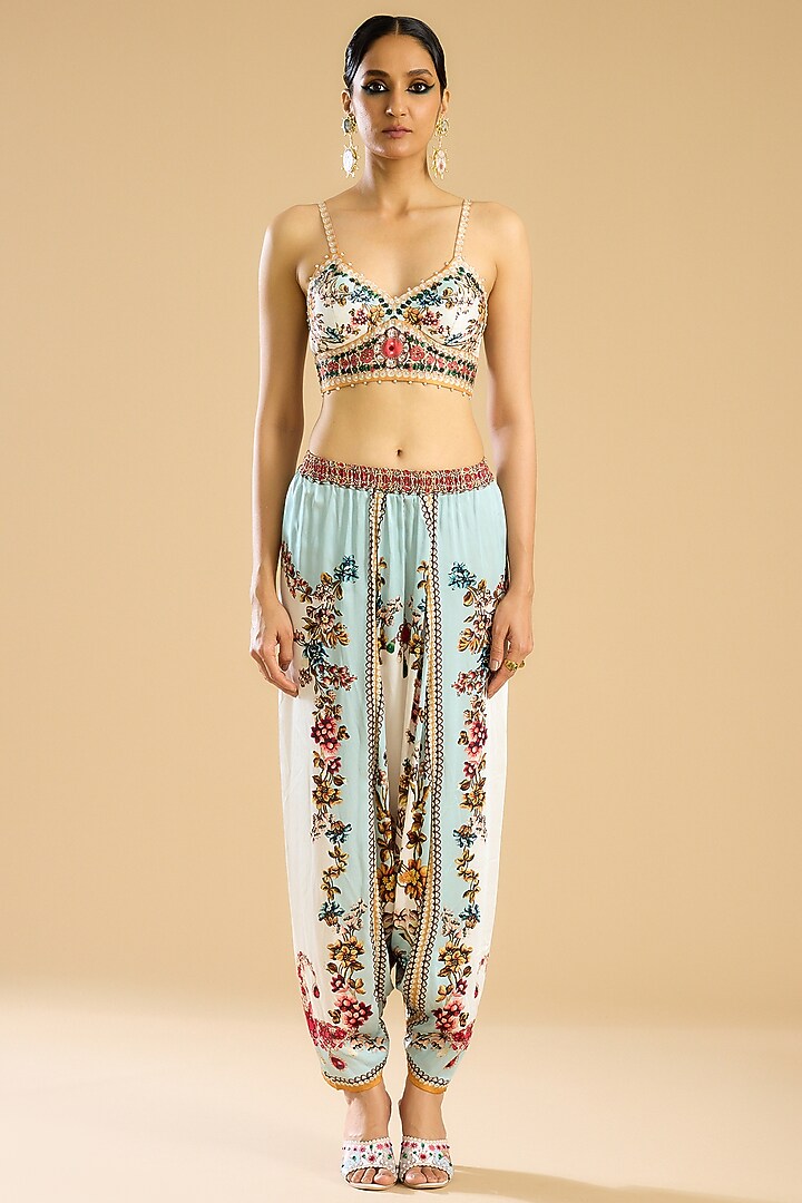 Ivory & Aqua Dupion Printed Jacket Set by Rajdeep Ranawat at Pernia's Pop Up Shop
