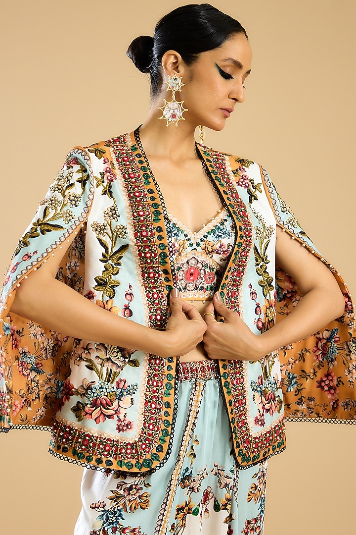 Ivory & Aqua Dupion Printed Jacket Set by Rajdeep Ranawat at Pernia's Pop Up Shop