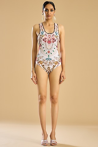 Ivory & Red Poly Lycra Printed Bodysuit by Rajdeep Ranawat