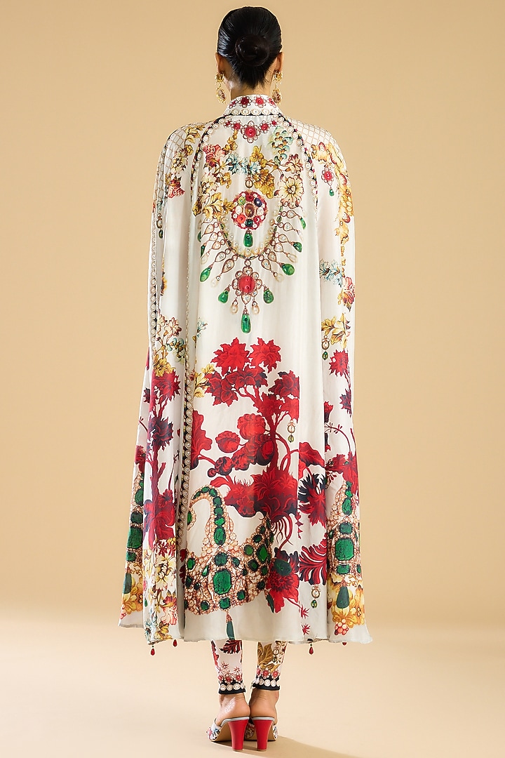 Ivory & Red Silk Printed Long Cape Set by Rajdeep Ranawat at Pernia's Pop Up Shop