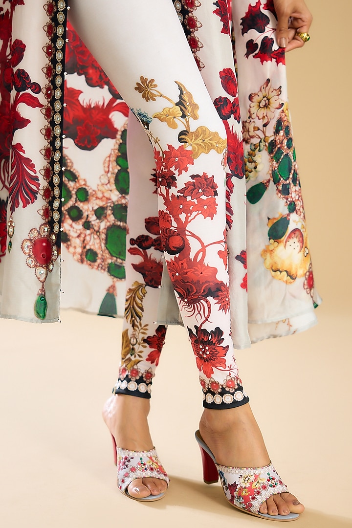 Ivory & Red Silk Printed Long Cape Set by Rajdeep Ranawat at Pernia's Pop Up Shop