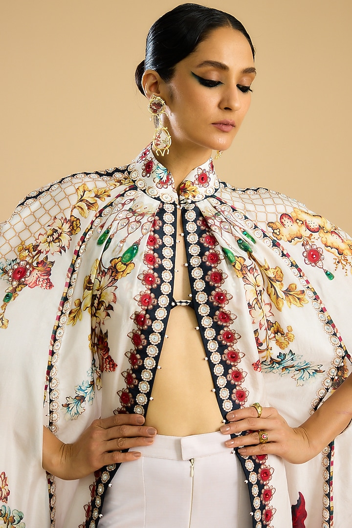 Ivory & Red Silk Printed Long Cape Set by Rajdeep Ranawat at Pernia's Pop Up Shop