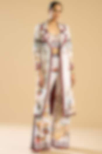 Ivory & Red Dutches Satin Printed Long Jacket Set by Rajdeep Ranawat at Pernia's Pop Up Shop