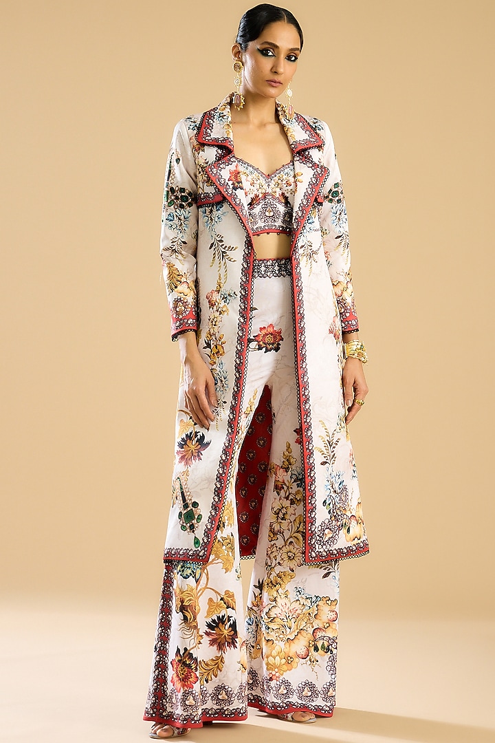 Ivory & Red Dutches Satin Printed Long Jacket Set by Rajdeep Ranawat at Pernia's Pop Up Shop