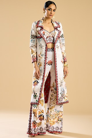 Ivory & Red Dutches Satin Printed Long Jacket Set by Rajdeep Ranawat