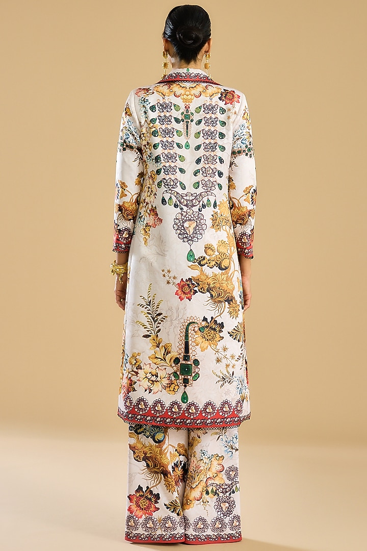 Ivory & Red Dutches Satin Printed Long Jacket Set by Rajdeep Ranawat at Pernia's Pop Up Shop