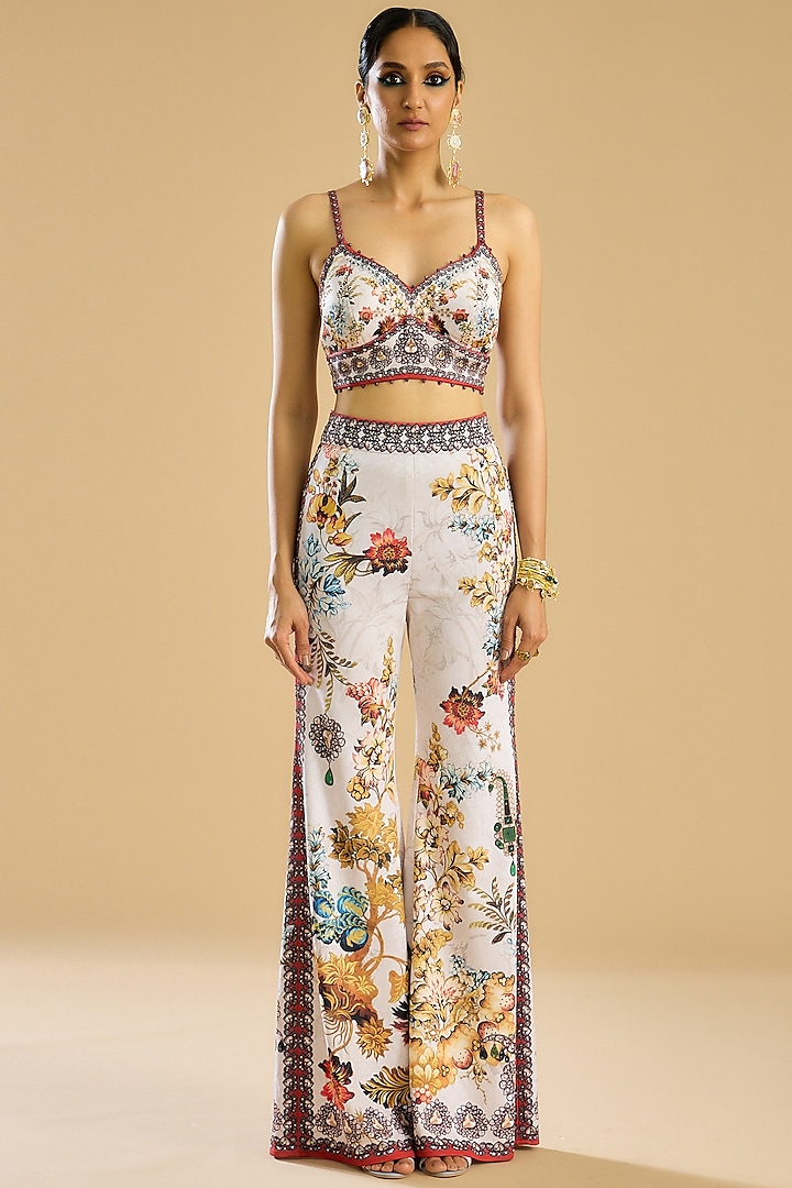 Ivory & Red Dutches Satin Printed Long Jacket Set by Rajdeep Ranawat at Pernia's Pop Up Shop