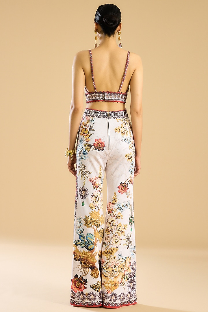 Ivory & Red Dutches Satin Printed Long Jacket Set by Rajdeep Ranawat at Pernia's Pop Up Shop