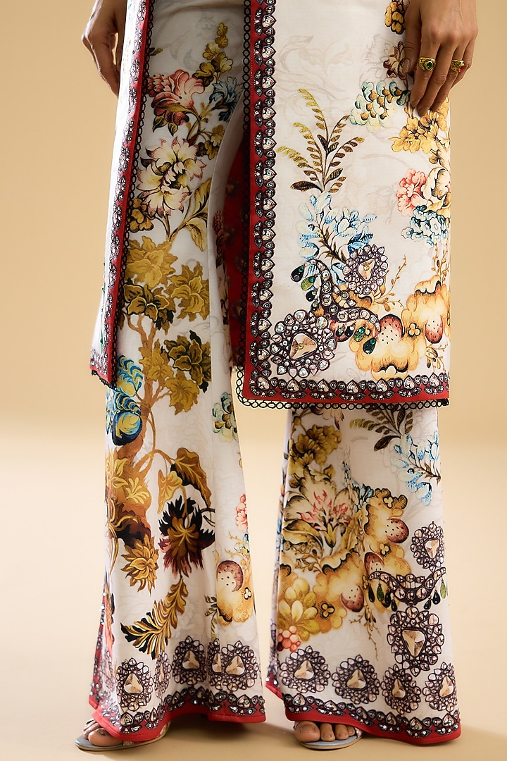 Ivory & Red Dutches Satin Printed Long Jacket Set by Rajdeep Ranawat at Pernia's Pop Up Shop