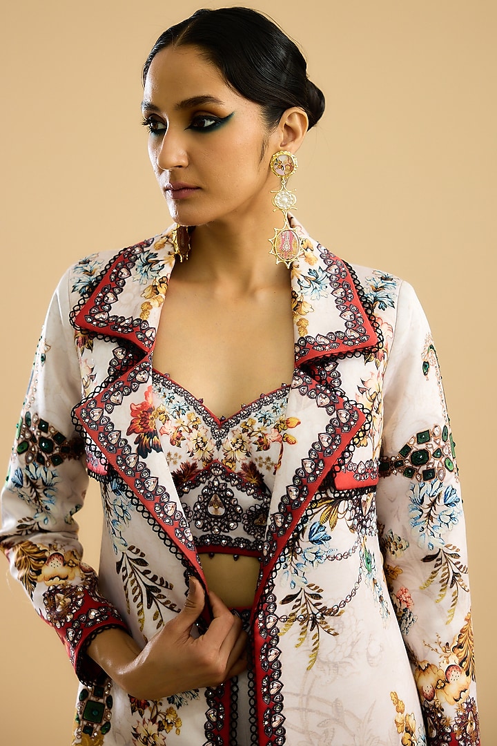 Ivory & Red Dutches Satin Printed Long Jacket Set by Rajdeep Ranawat at Pernia's Pop Up Shop