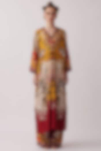 Red & Mustard Silk Printed Kaftan Set by Rajdeep Ranawat at Pernia's Pop Up Shop