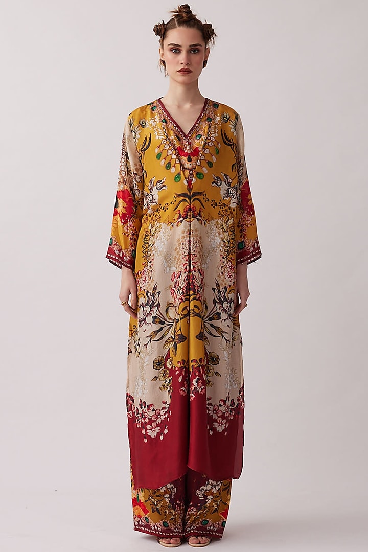 Red & Mustard Silk Printed Kaftan Set by Rajdeep Ranawat at Pernia's Pop Up Shop