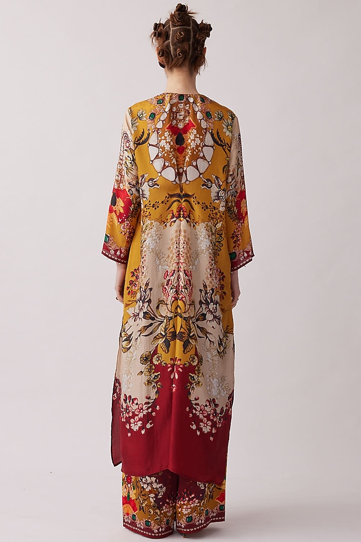Red & Mustard Silk Printed Kaftan Set by Rajdeep Ranawat at Pernia's Pop Up Shop