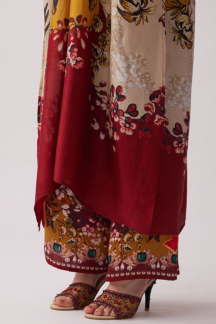Red & Mustard Silk Printed Kaftan Set by Rajdeep Ranawat at Pernia's Pop Up Shop
