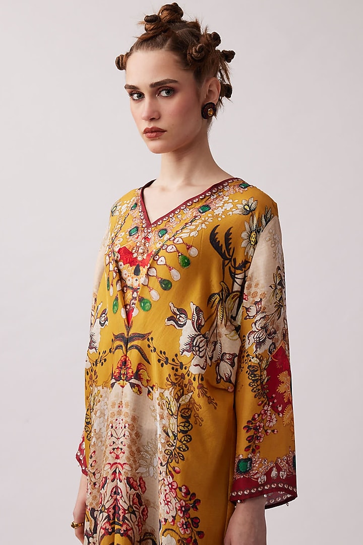 Red & Mustard Silk Printed Kaftan Set by Rajdeep Ranawat at Pernia's Pop Up Shop