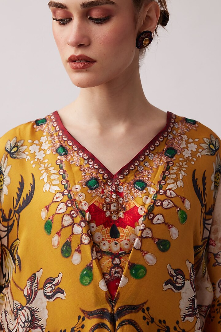 Red & Mustard Silk Printed Kaftan Set by Rajdeep Ranawat at Pernia's Pop Up Shop