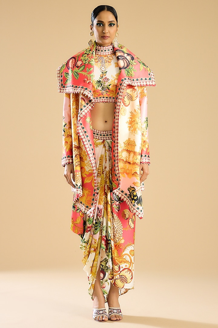 Ivory & Peach Dutch Satin Printed Draped Skirt Set by Rajdeep Ranawat