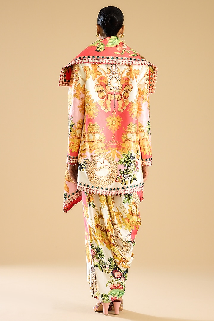Ivory & Peach Dutch Satin Printed Draped Skirt Set by Rajdeep Ranawat at Pernia's Pop Up Shop