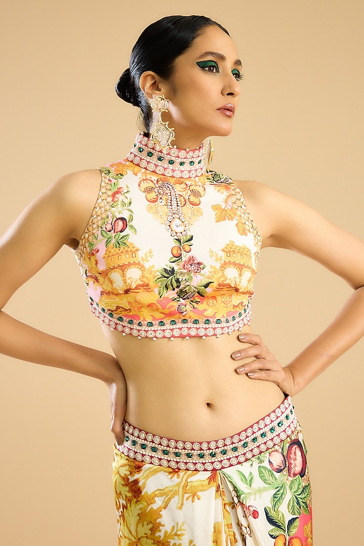 Ivory & Peach Dutch Satin Printed Draped Skirt Set by Rajdeep Ranawat at Pernia's Pop Up Shop