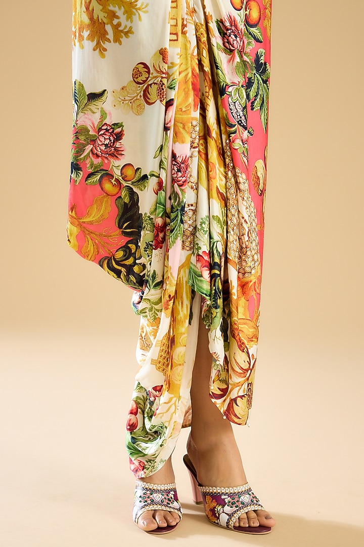 Ivory & Peach Dutch Satin Printed Draped Skirt Set by Rajdeep Ranawat at Pernia's Pop Up Shop