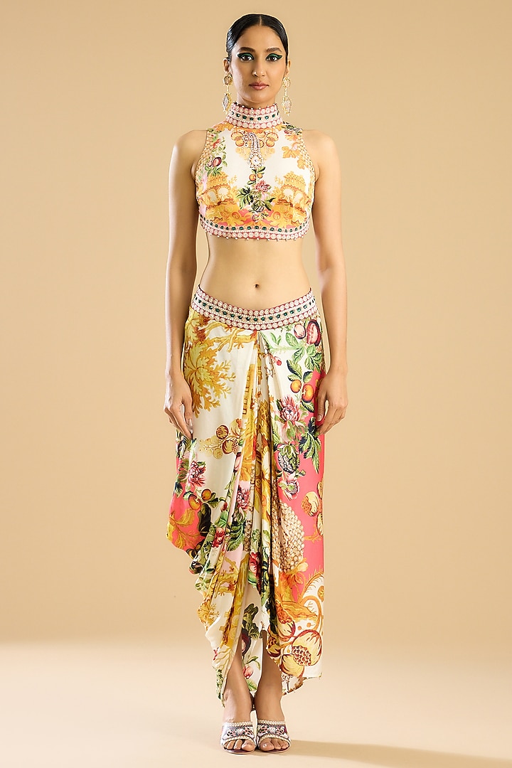 Ivory & Peach Dutch Satin Printed Draped Skirt Set by Rajdeep Ranawat at Pernia's Pop Up Shop