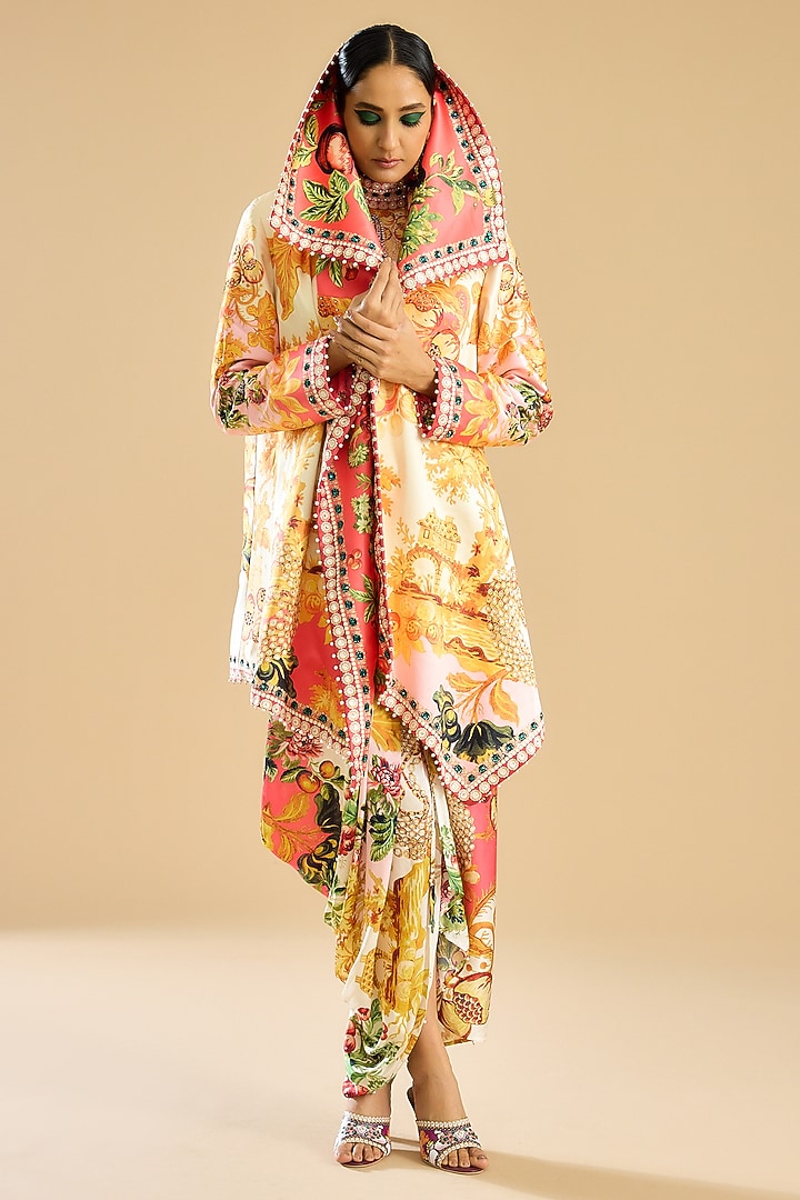 Ivory & Peach Dutch Satin Printed Draped Skirt Set by Rajdeep Ranawat at Pernia's Pop Up Shop