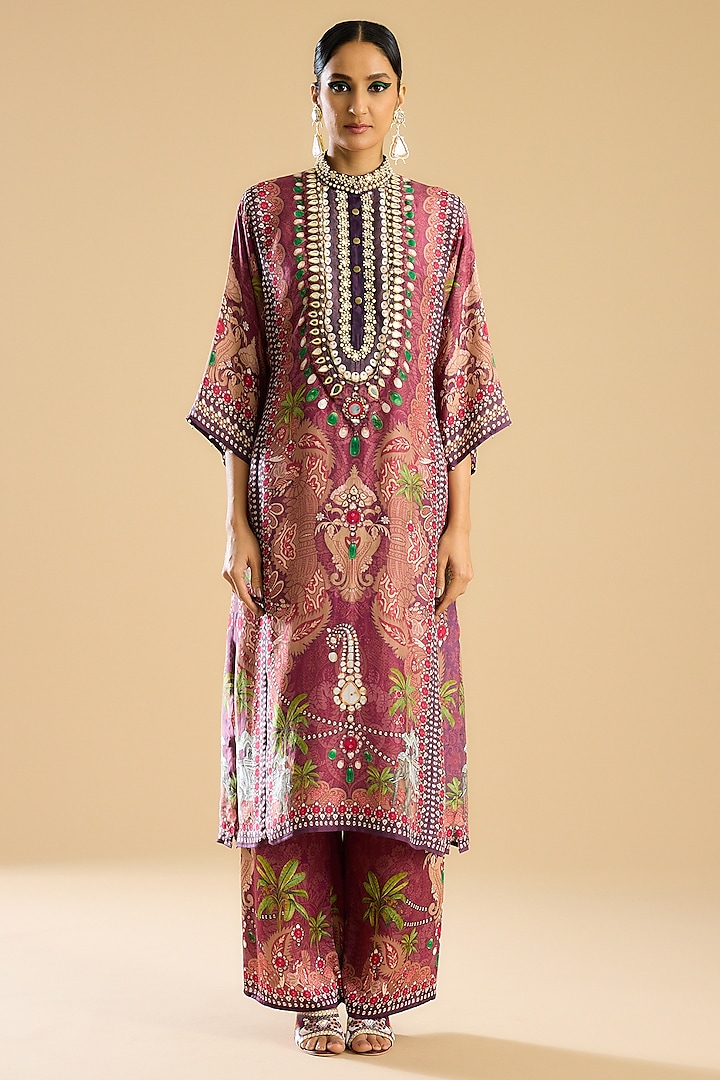 Dust Rose Silk Printed Tunic Set by Rajdeep Ranawat