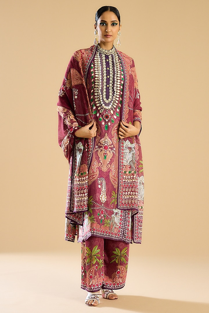 Dusty Rose Silk Printed Tunic Set by Rajdeep Ranawat at Pernia's Pop Up Shop