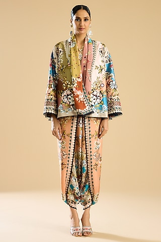 Ivory & Peach Silk Printed Dhoti Pant Set by Rajdeep Ranawat
