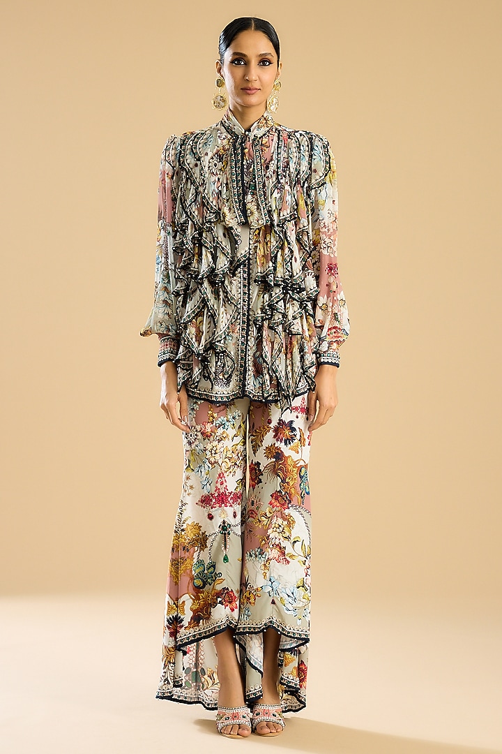 Ivory & Peach Silk Printed High-Low Pant Set by Rajdeep Ranawat