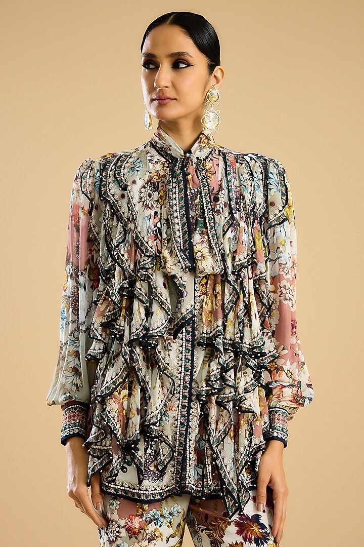 Ivory & Peach Silk Printed High-Low Pant Set by Rajdeep Ranawat at Pernia's Pop Up Shop