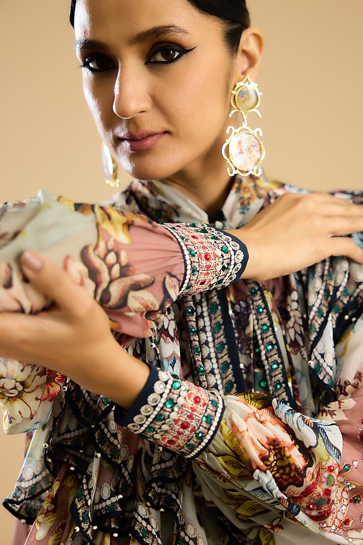 Ivory & Peach Silk Printed High-Low Pant Set by Rajdeep Ranawat at Pernia's Pop Up Shop