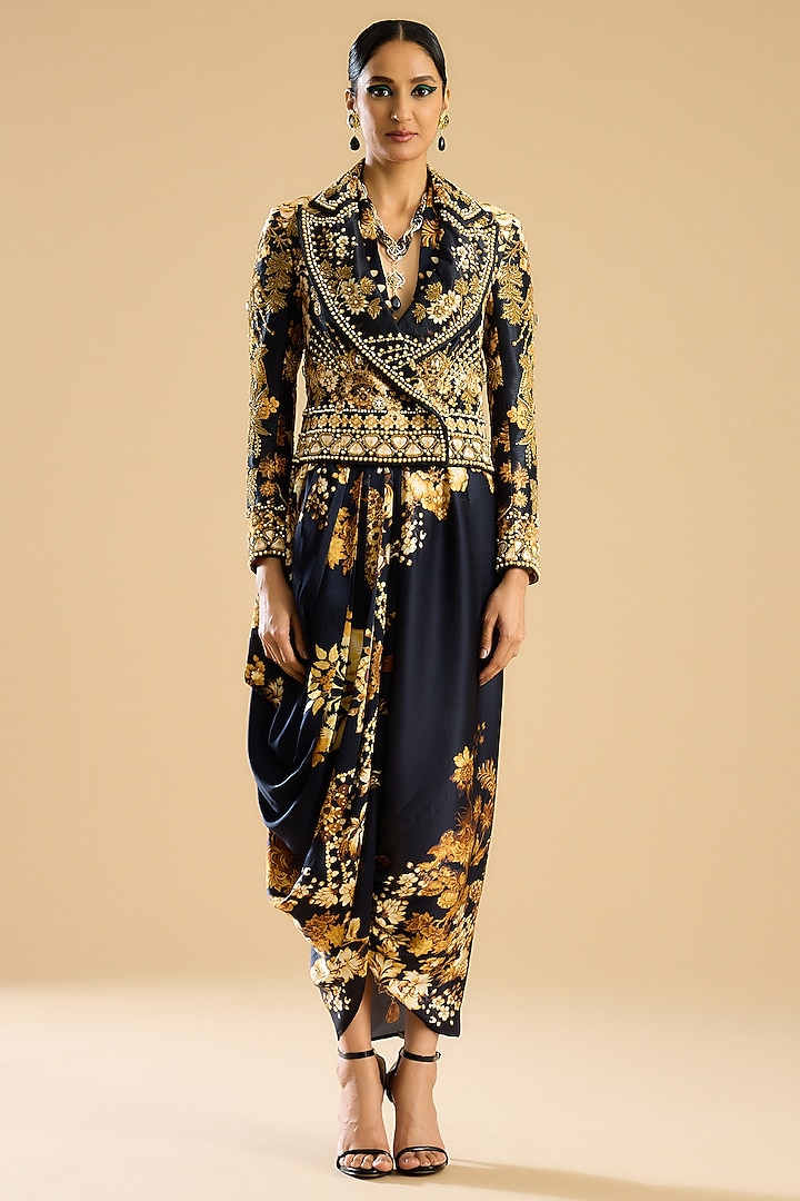 Black & Gold Dupion Printed & Embroidered Jacket by Rajdeep Ranawat