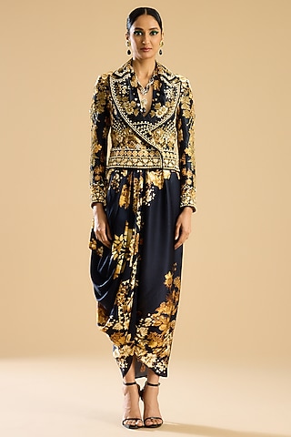 Black & Gold Dupion Printed & Embroidered Jacket by Rajdeep Ranawat