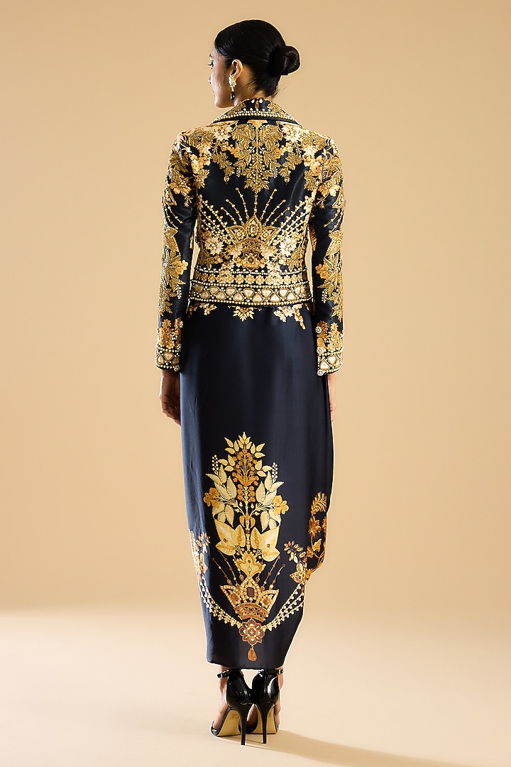 Black & Gold Dupion Printed & Embroidered Jacket by Rajdeep Ranawat at Pernia's Pop Up Shop