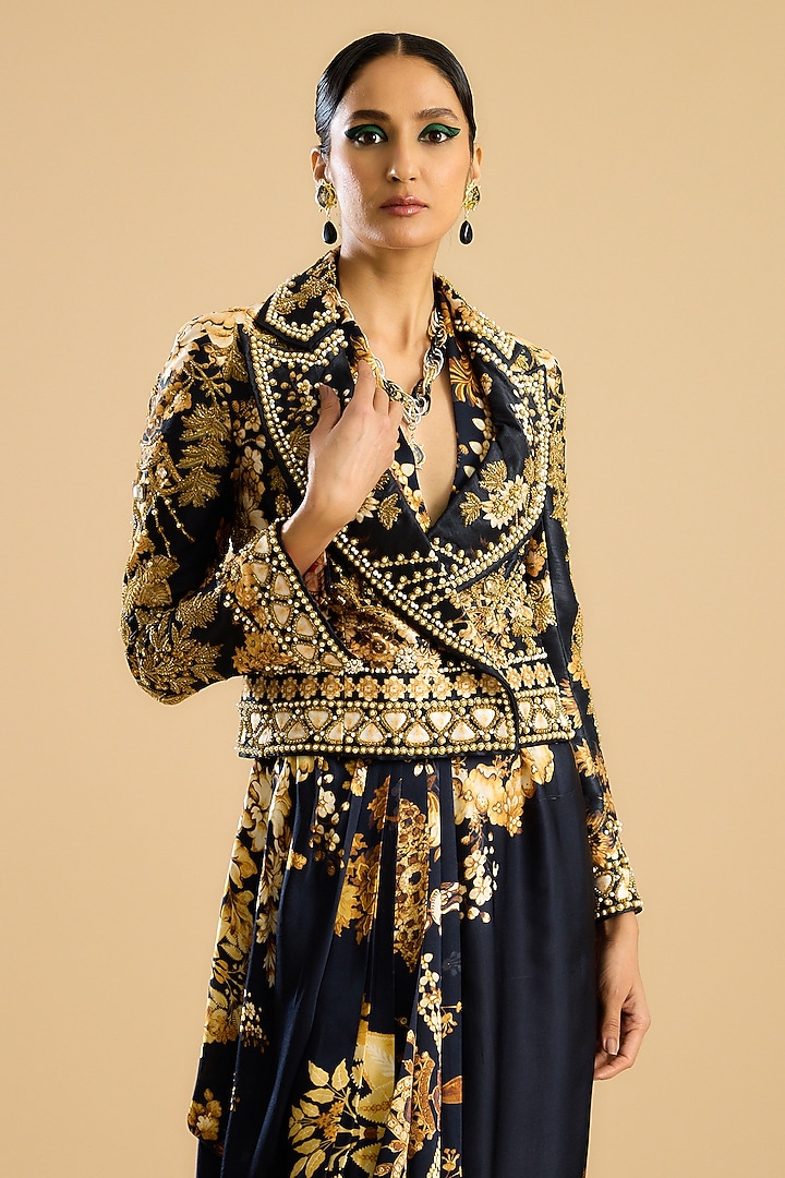 Black & Gold Dupion Printed & Embroidered Jacket by Rajdeep Ranawat at Pernia's Pop Up Shop