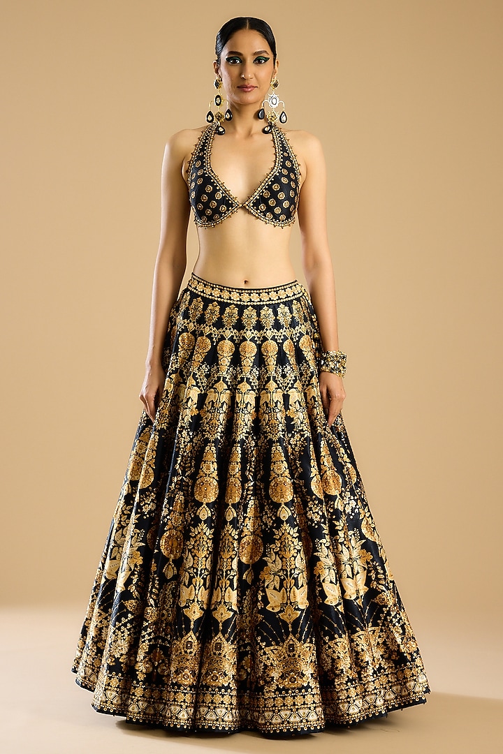 Black & Gold Dupion Printed Skirt Set by Rajdeep Ranawat at Pernia's Pop Up Shop