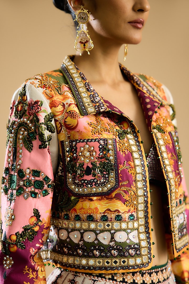 Multi-Colored Dupion Printed & Embroidered Skirt Set by Rajdeep Ranawat at Pernia's Pop Up Shop