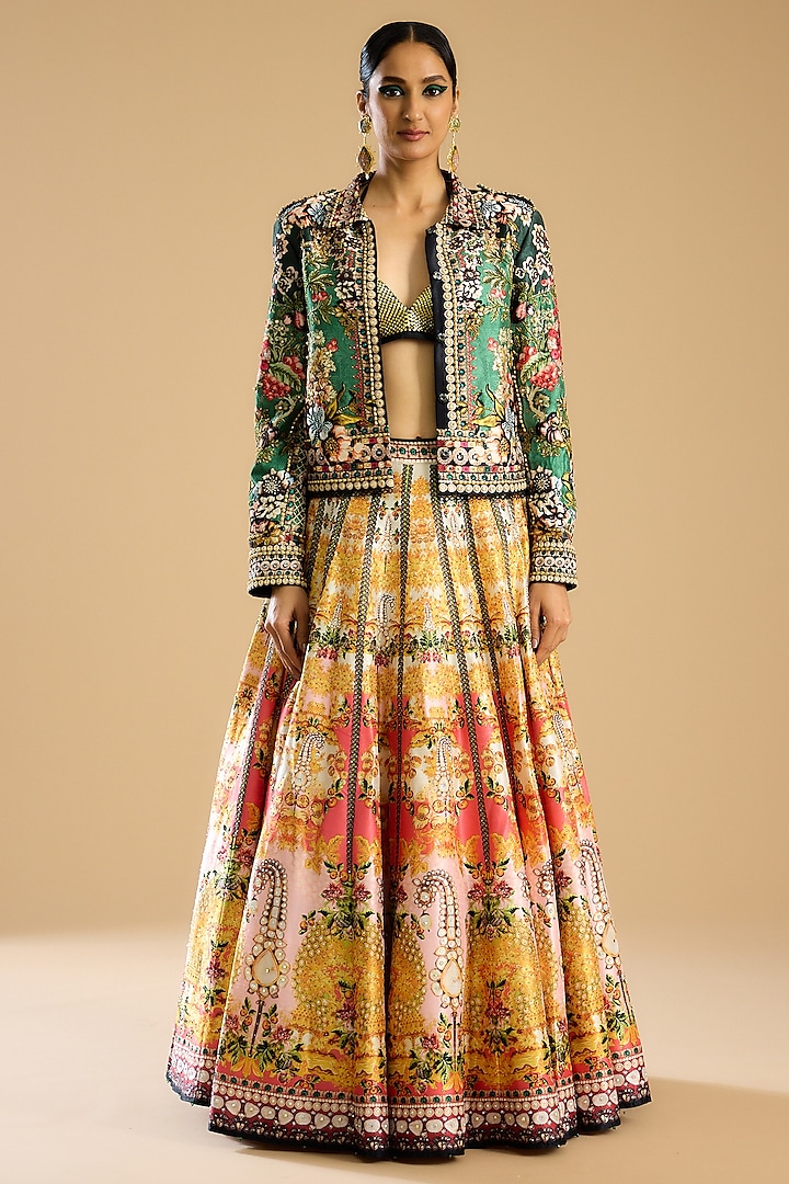 Gold Dupion Printed Skirt Set by Rajdeep Ranawat