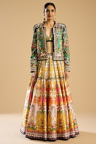 Gold Dupion Printed Skirt Set by Rajdeep Ranawat