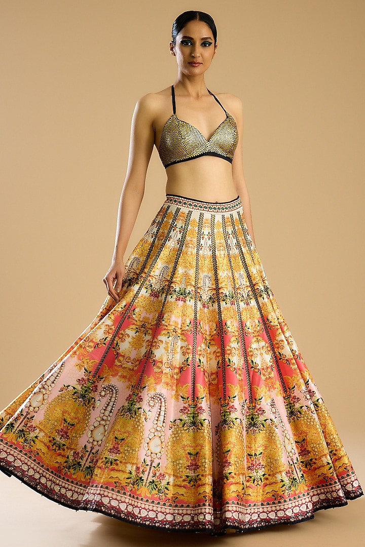 Gold Dupion Printed Skirt Set by Rajdeep Ranawat at Pernia's Pop Up Shop