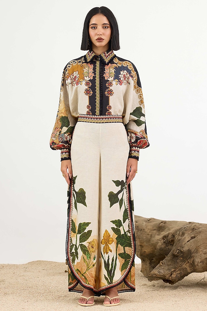Beige & Black Linen Printed Overlap Pant by Rajdeep Ranawat at Pernia's Pop Up Shop