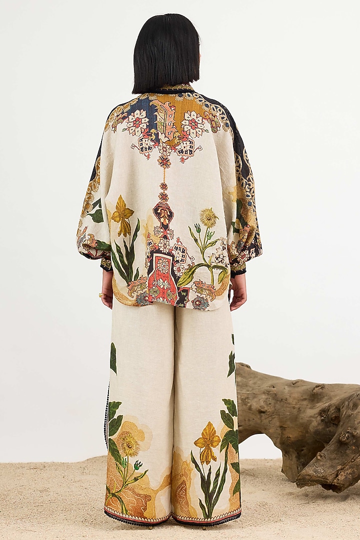 Beige & Black Linen Printed Overlap Pant by Rajdeep Ranawat at Pernia's Pop Up Shop